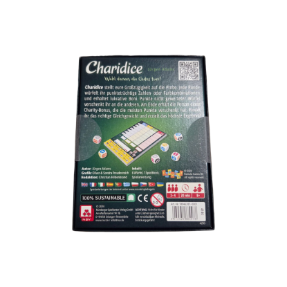 Charidice Würfelspiel – Rückseite und Produktinformationen